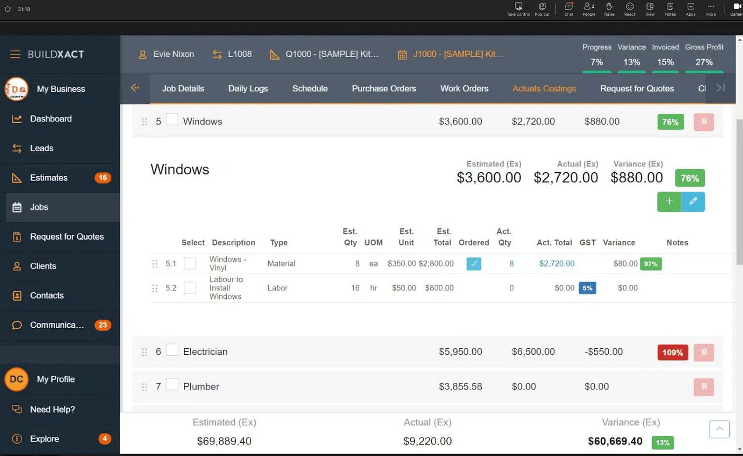 A screenshot of the Buidxact interface when connecting the estimate to the construction budget