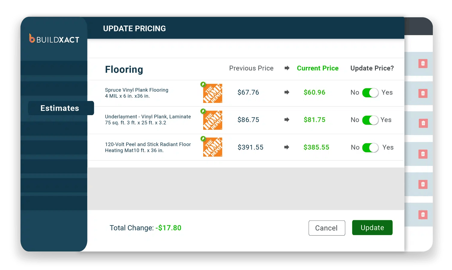 Screenshot of Buildxact's real-time dealer pricing integration tool