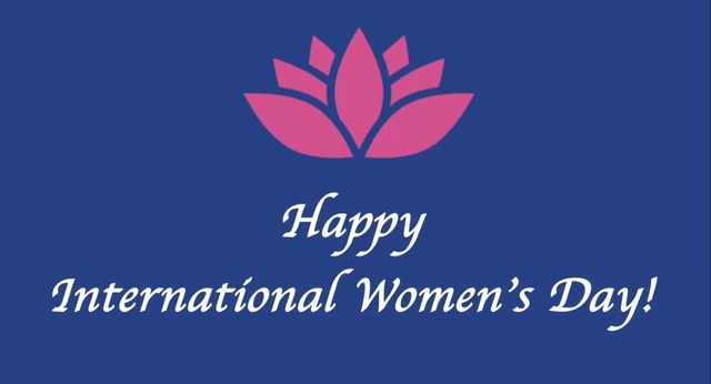 graphic of flower above text 'Happy International Women's Day'