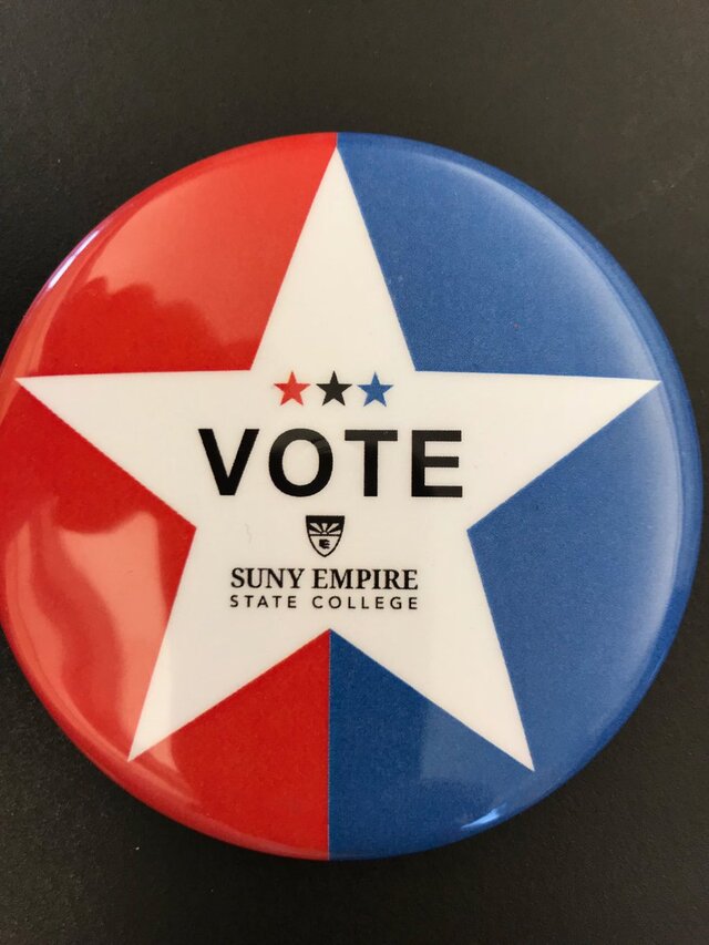 red, white and blue vote button