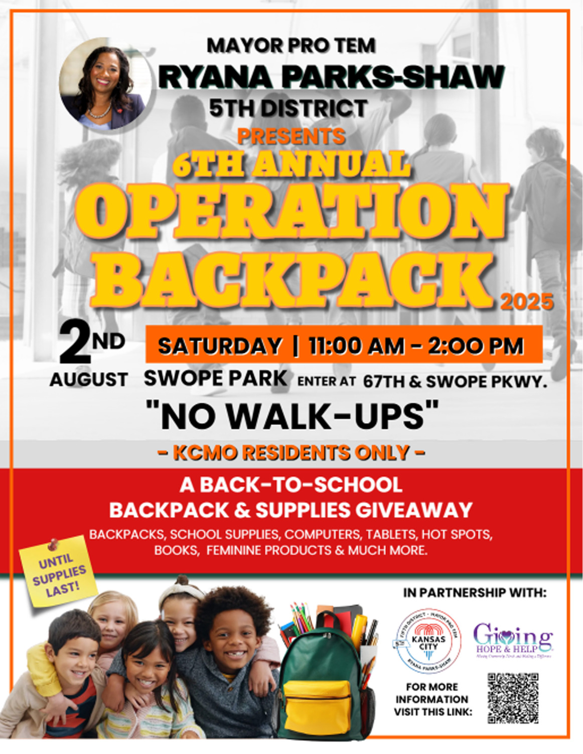 Flyer for the 6th Annual Operation Backpack 2025, presented by Mayor Pro Tem Ryana Parks-Shaw, 5th District. Event details: D