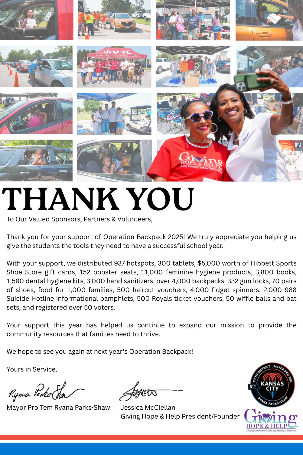 Collage of Operation Backpack 2025 photos with families and volunteers. Text thanks sponsors for helping distribute thousands
