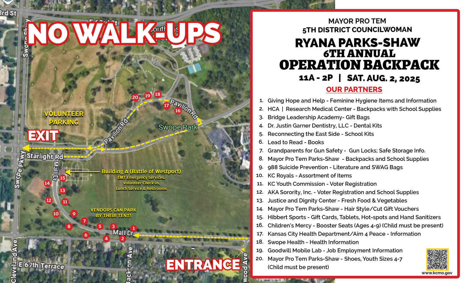 Map of Swope Park with yellow arrows and marked locations for the 6th Annual Operation Backpack event on