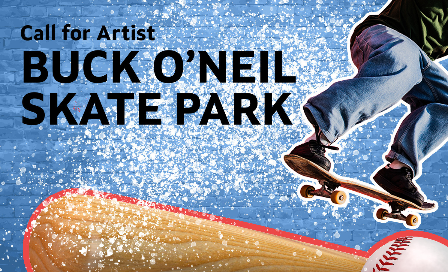 Partial view of a skateboarder above a giant wooden baseball bat with text 