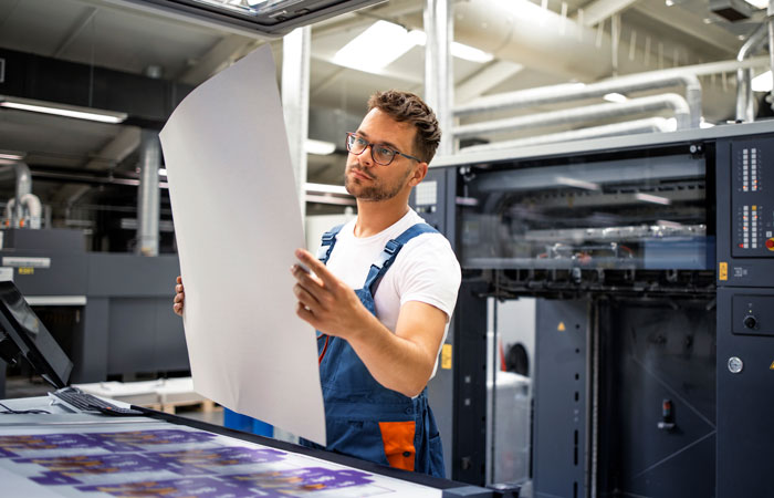 A printmaker in a print shop looking at prints