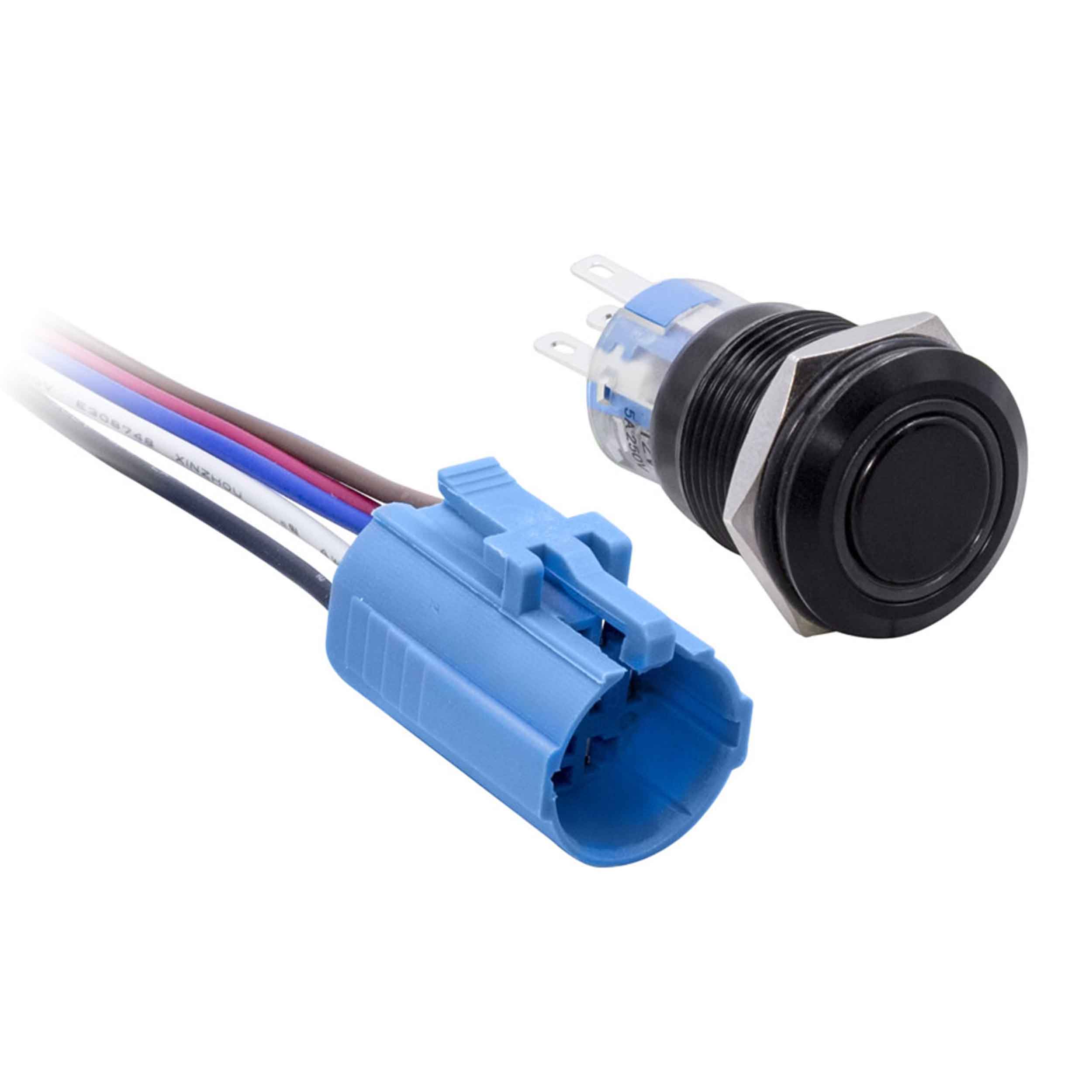 19 MM MOMENTARY BLACK SWITCH WITH HARNESS 5A IP67 - BLUE