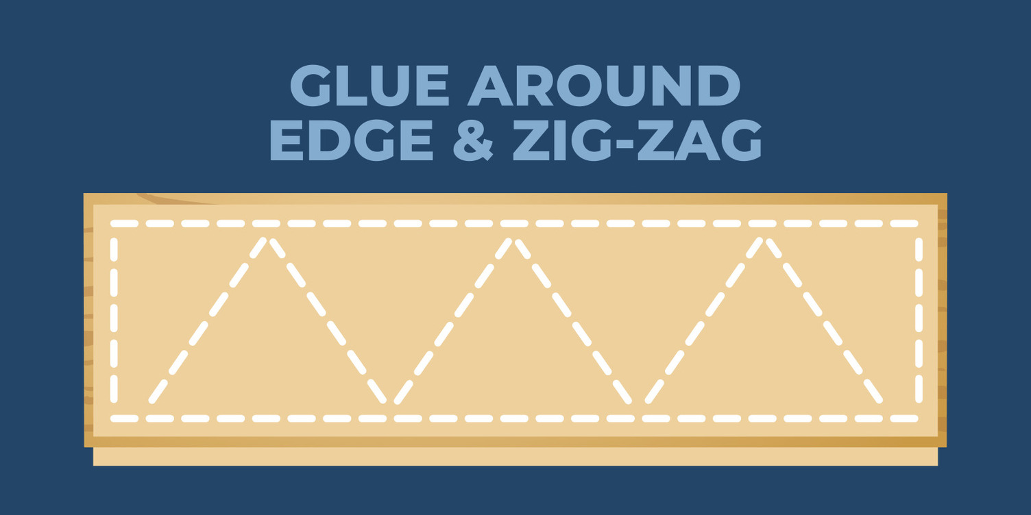 Graphic showing how to apply glue on a flooring board in a zig zag pattern