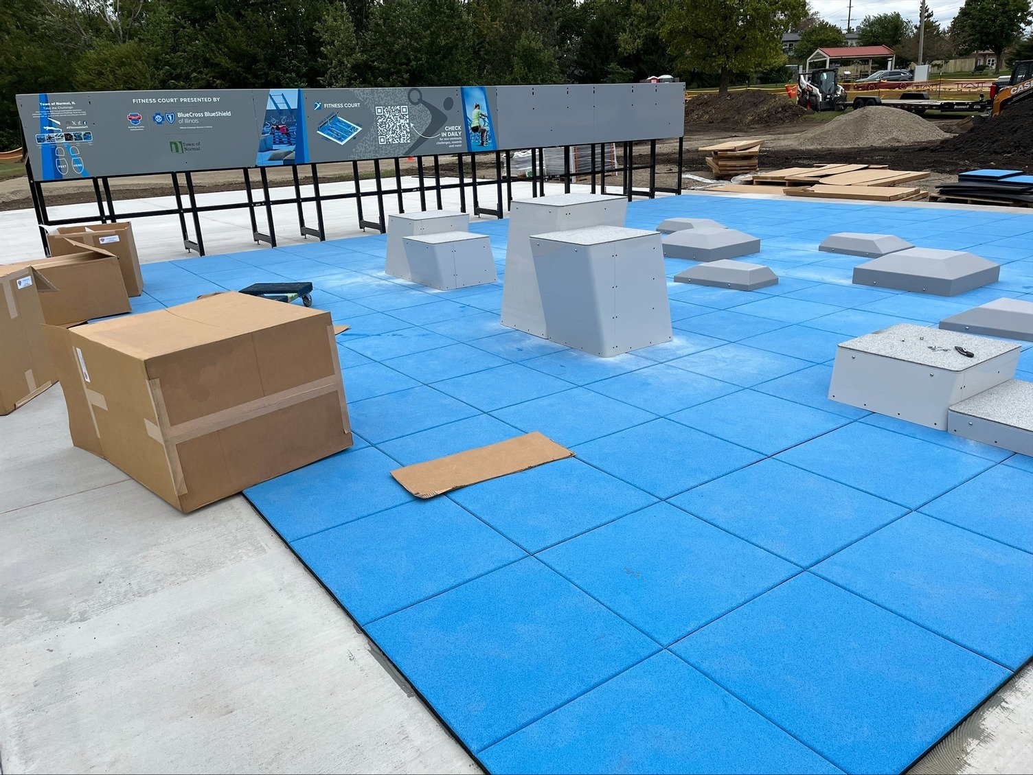 Boxes on a fitness court as the court is being constructed.