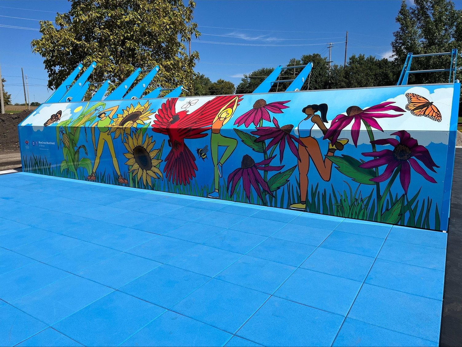 A fitness court wall with birds, flowers and caricature
